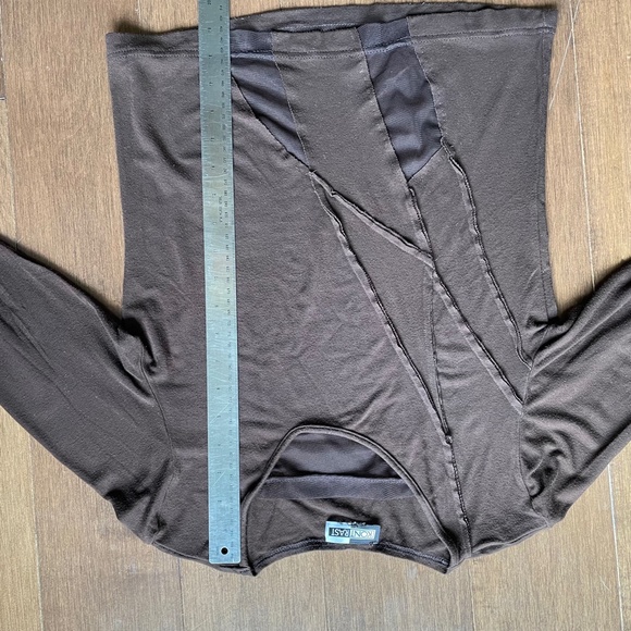 Long Sleeve Tee Dressy. Top Sheer Neck, Raw Seems, Flattering Criss Cross - Picture 7 of 10